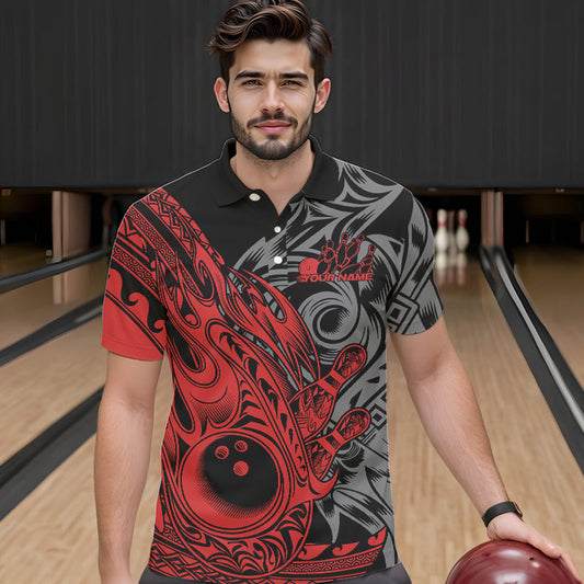 Custom Black And Red Flame Tribal Polynesian Bowling Men Polo Shirts, Bowling Team Uniform IPHW8807