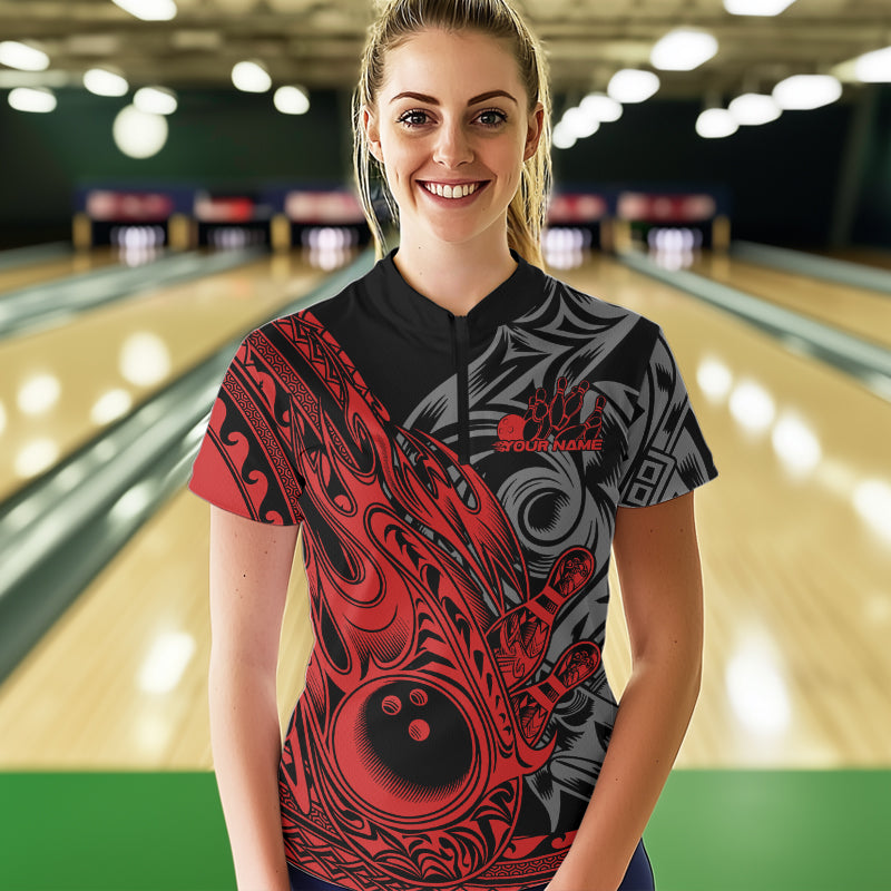 Custom Black And Red Flame Tribal Polynesian Bowling Women Quarter-Zip Shirts, Team Uniform IPHW8807