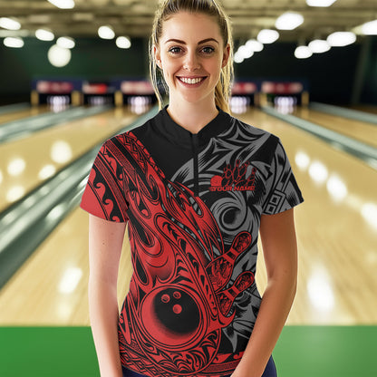 Custom Black And Red Flame Tribal Polynesian Bowling Women Quarter-Zip Shirts, Team Uniform IPHW8807