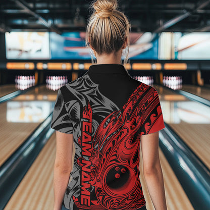 Custom Black And Red Flame Tribal Polynesian Bowling Women Quarter-Zip Shirts, Team Uniform IPHW8807