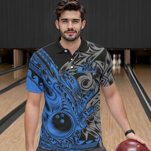 Load image into Gallery viewer, Custom Black And Blue Flame Tribal Polynesian Bowling Men Polo Shirts, Bowling Team Uniform IPHW8808