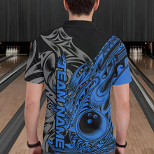 Load image into Gallery viewer, Custom Black And Blue Flame Tribal Polynesian Bowling Men Polo Shirts, Bowling Team Uniform IPHW8808