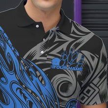 Load image into Gallery viewer, Custom Black And Blue Flame Tribal Polynesian Bowling Men Polo Shirts, Bowling Team Uniform IPHW8808