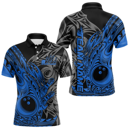 Custom Black And Blue Flame Tribal Polynesian Bowling Men Polo Shirts, Bowling Team Uniform IPHW8808