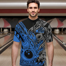Load image into Gallery viewer, Custom Black And Blue Flame Tribal Polynesian Bowling Men Quarter-Zip Shirts, Bowling Team Uniform IPHW8808