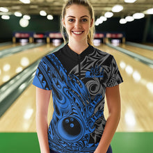 Load image into Gallery viewer, Custom Black And Blue Flame Tribal Polynesian Bowling Women Quarter-Zip Shirt, Team Uniform IPHW8808