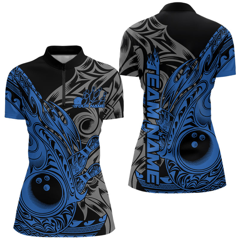 Custom Black And Blue Flame Tribal Polynesian Bowling Women Quarter-Zip Shirt, Team Uniform IPHW8808