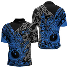 Load image into Gallery viewer, Custom Black And Blue Flame Tribal Polynesian Bowling Men Quarter-Zip Shirts, Bowling Team Uniform IPHW8808