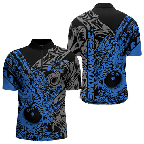 Custom Black And Blue Flame Tribal Polynesian Bowling Men Quarter-Zip Shirts, Bowling Team Uniform IPHW8808