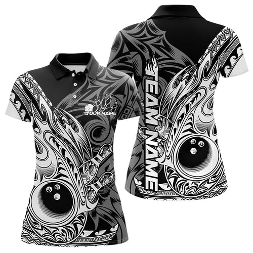 Custom Black And White Flame Tribal Polynesian Bowling Women Polo Shirts, Team Uniform IPHW8809