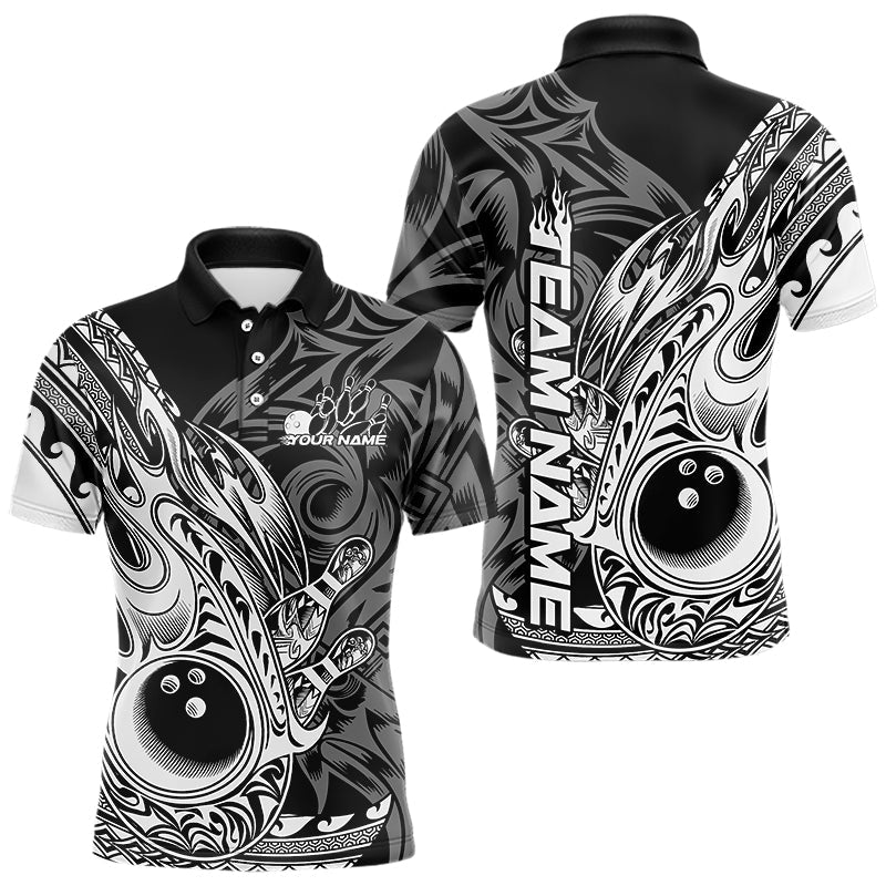 Custom Black And White Flame Tribal Polynesian Bowling Men Polo Shirts, Bowling Team Uniform IPHW8809