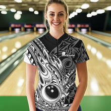 Load image into Gallery viewer, Custom Black And White Flame Tribal Polynesian Bowling Women Quarter-Zip Shirt Team Uniform IPHW8809