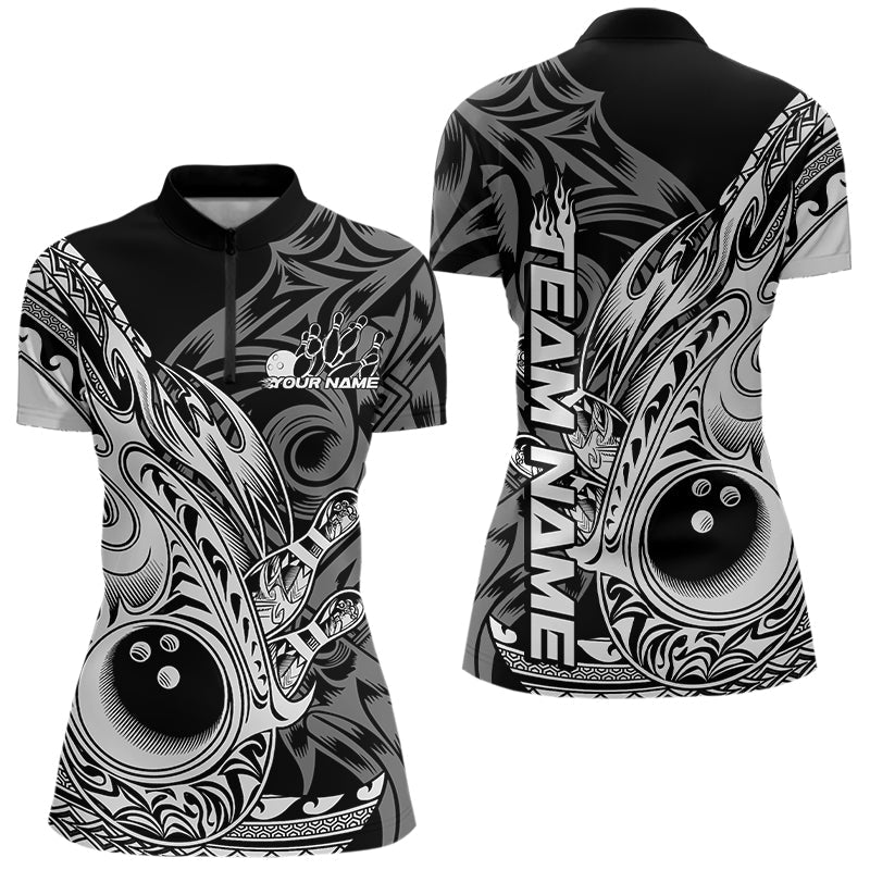 Custom Black And White Flame Tribal Polynesian Bowling Women Quarter-Zip Shirt Team Uniform IPHW8809