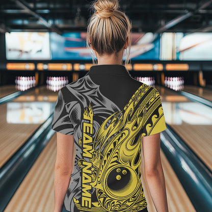 Custom Black And Yellow Flame Tribal Polynesian Bowling Women Polo Shirts, Team Uniform IPHW8810