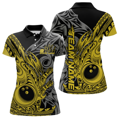 Custom Black And Yellow Flame Tribal Polynesian Bowling Women Polo Shirts, Team Uniform IPHW8810
