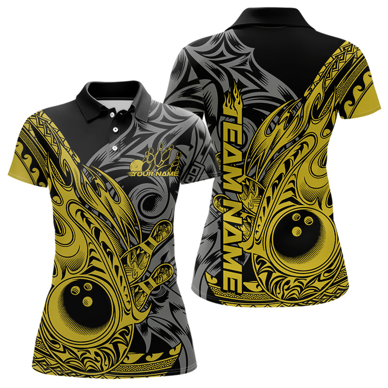 Custom Black And Yellow Flame Tribal Polynesian Bowling Women Polo Shirts, Team Uniform IPHW8810