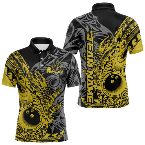 Custom Black And Yellow Flame Tribal Polynesian Bowling Men Polo Shirts, Bowling Team Uniform IPHW8810