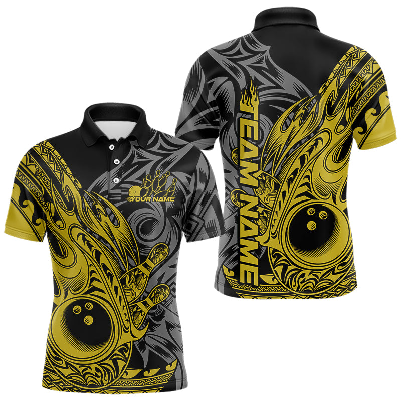Custom Black And Yellow Flame Tribal Polynesian Bowling Men Polo Shirts, Bowling Team Uniform IPHW8810