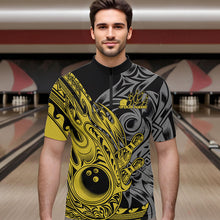 Load image into Gallery viewer, Custom Black And Yellow Flame Tribal Polynesian Bowling Men Quarter-Zip Shirt, Bowling Team Uniform IPHW8810