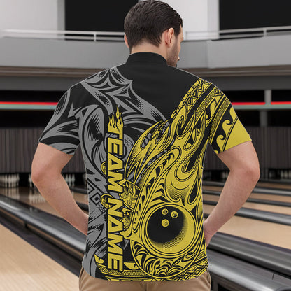 Custom Black And Yellow Flame Tribal Polynesian Bowling Men Quarter-Zip Shirt, Bowling Team Uniform IPHW8810