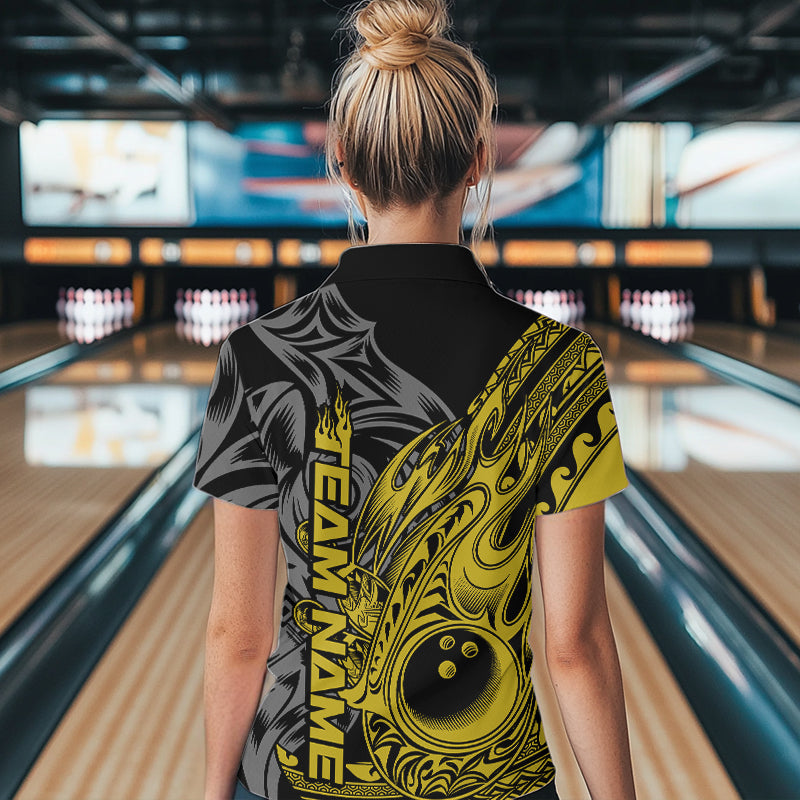 Custom Black And Yellow Flame Tribal Polynesian Bowling Women Quarter-Zip Team Outfit IPHW8810