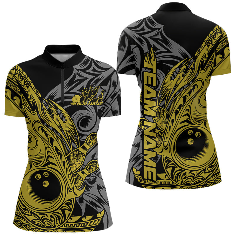 Custom Black And Yellow Flame Tribal Polynesian Bowling Women Quarter-Zip Team Outfit IPHW8810