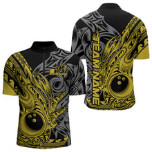 Load image into Gallery viewer, Custom Black And Yellow Flame Tribal Polynesian Bowling Men Quarter-Zip Shirt, Bowling Team Uniform IPHW8810
