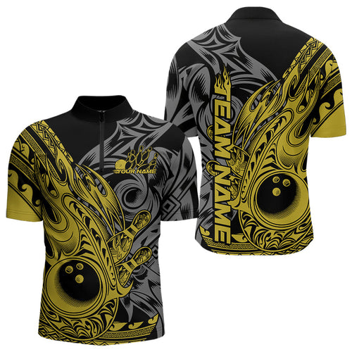 Custom Black And Yellow Flame Tribal Polynesian Bowling Men Quarter-Zip Shirt, Bowling Team Uniform IPHW8810