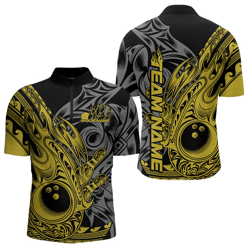 Custom Black And Yellow Flame Tribal Polynesian Bowling Men Quarter-Zip Shirt, Bowling Team Uniform IPHW8810