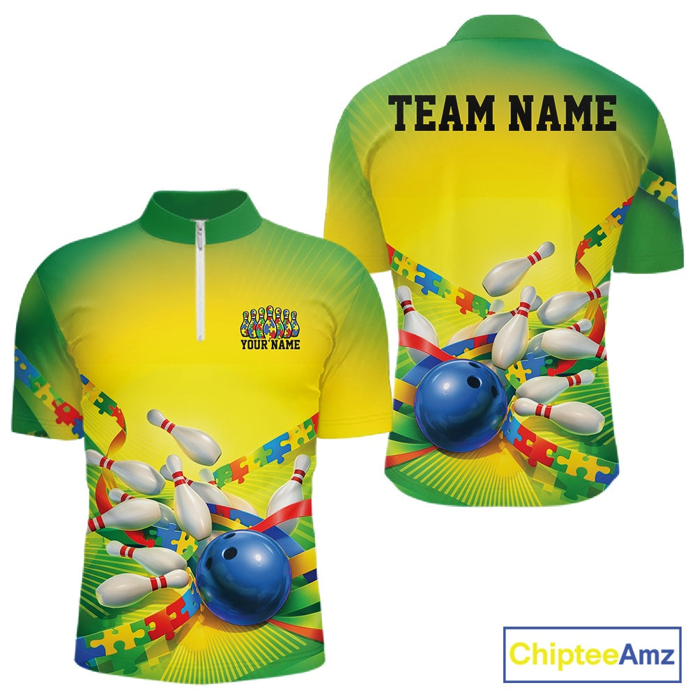 Front and back view of a men’s quarter-zip bowling shirt mockup in green and yellow, featuring autism puzzle bowling ball and pins design.