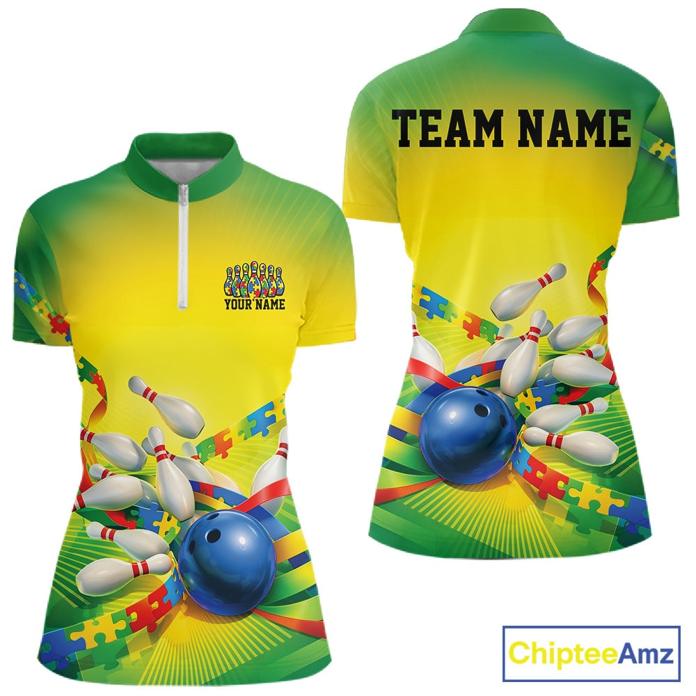 Front and back view of a women’s quarter-zip bowling shirt mockup in green and yellow, featuring autism puzzle bowling ball and pins design.