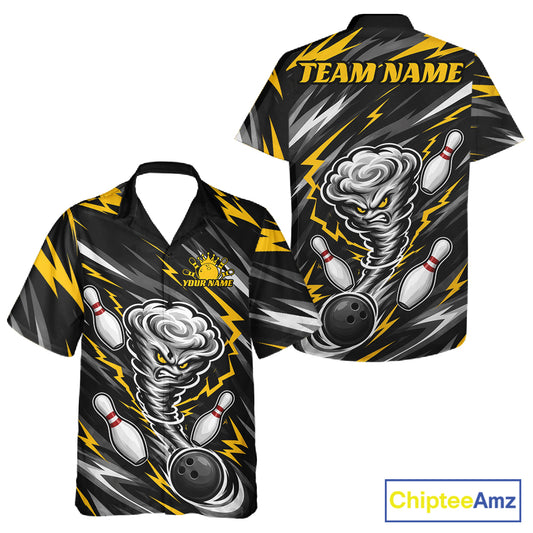 Custom bowling-themed short-sleeve button-up shirt shown from both front and back. The design features a black background with yellow lightning bolts, a swirling storm cloud, bowling balls, and white bowling pins.