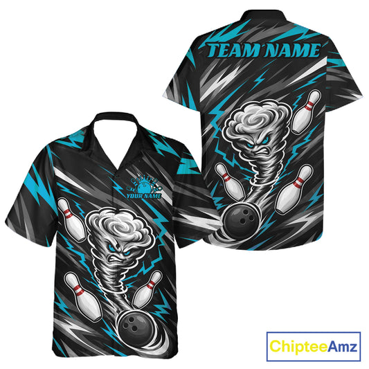 Front and back views of a short-sleeve bowling button-up shirt on a white background. The shirt features a black base with teal and gray lightning effects, a swirling tornado graphic, bowling pins, and bowling balls, with 'TEAM NAME' printed on the back.