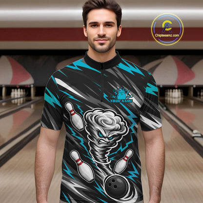 Custom Turquoise Blue Storm Thunnder Lightning Bolts Bowling Team Men Quarter Zip Shirt IPHW11806