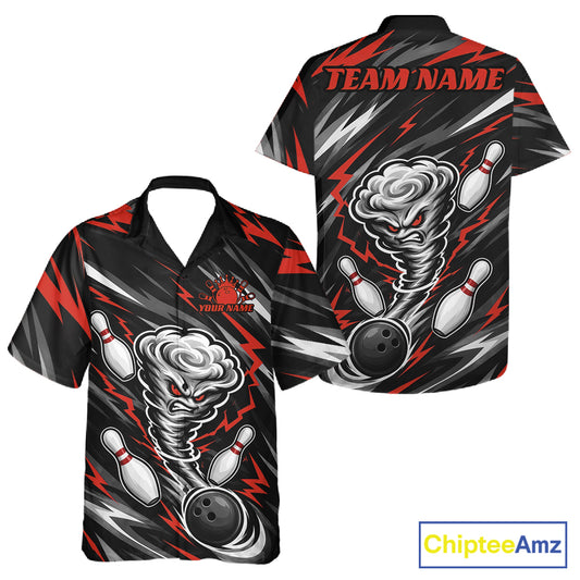 Custom bowling short-sleeve button-up shirt shown from both front and back views. The design features a black background with red and gray lightning effects, a swirling tornado graphic with red eyes, bowling pins, and bowling balls.