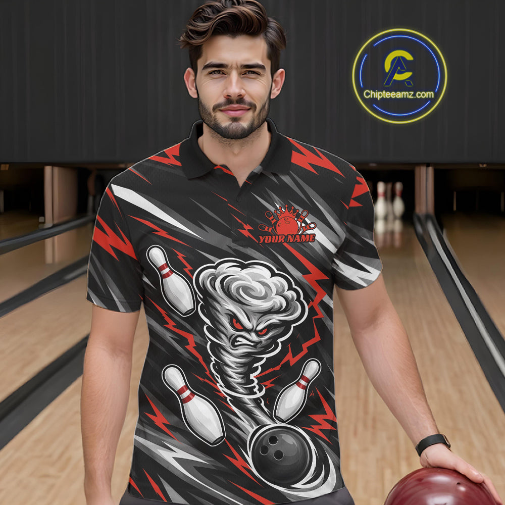 Custom Black And Red Storm Thunnder Lightning Bolts Bowling Team Men Polo Shirt IPHW11807