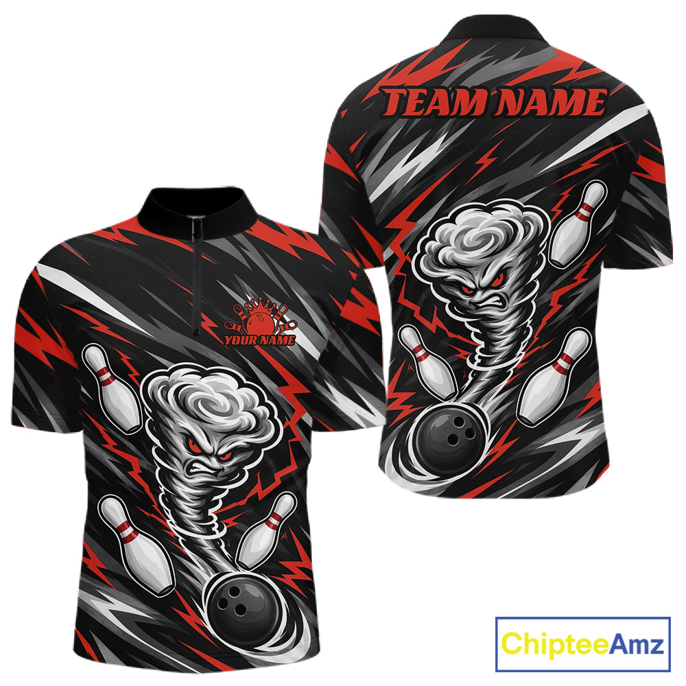 Custom Black And Red Storm Thunnder Lightning Bolts Bowling Team Men Quarter Zip Shirt IPHW11807