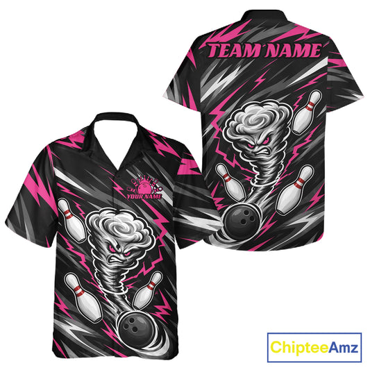 Custom bowling-themed short-sleeve button-up shirt shown from both front and back views. The design features a black background with pink and gray lightning bolts, a swirling tornado graphic, bowling pins, and bowling balls.