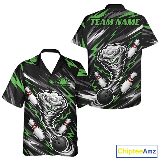 Front and back views of a short-sleeve bowling button up shirt on a white background. The shirt features a black base with green and gray lightning patterns, bowling balls, pins, and a tornado graphic, with 'TEAM NAME' printed on the back.