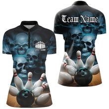 Load image into Gallery viewer, Black And Blue Custom Skull Ladies Bowling Shirts, Gothic Bowling Team Halloween Outfits IPHW7674