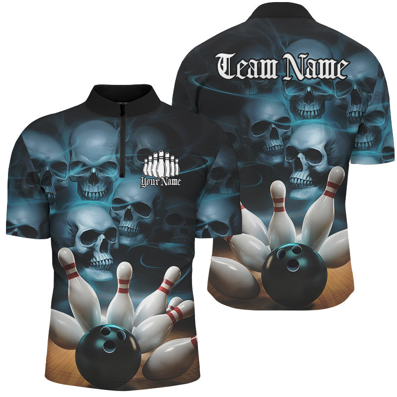 Black And Blue Custom Skull Bowling Shirts For Men, Gothic Bowling Team Shirt Halloween Outfits IPHW7674