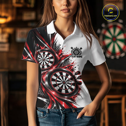 Custom Black And Red Dartboard Dart Team Polo Shirt For Women, Dart League Outfit IPHW12469