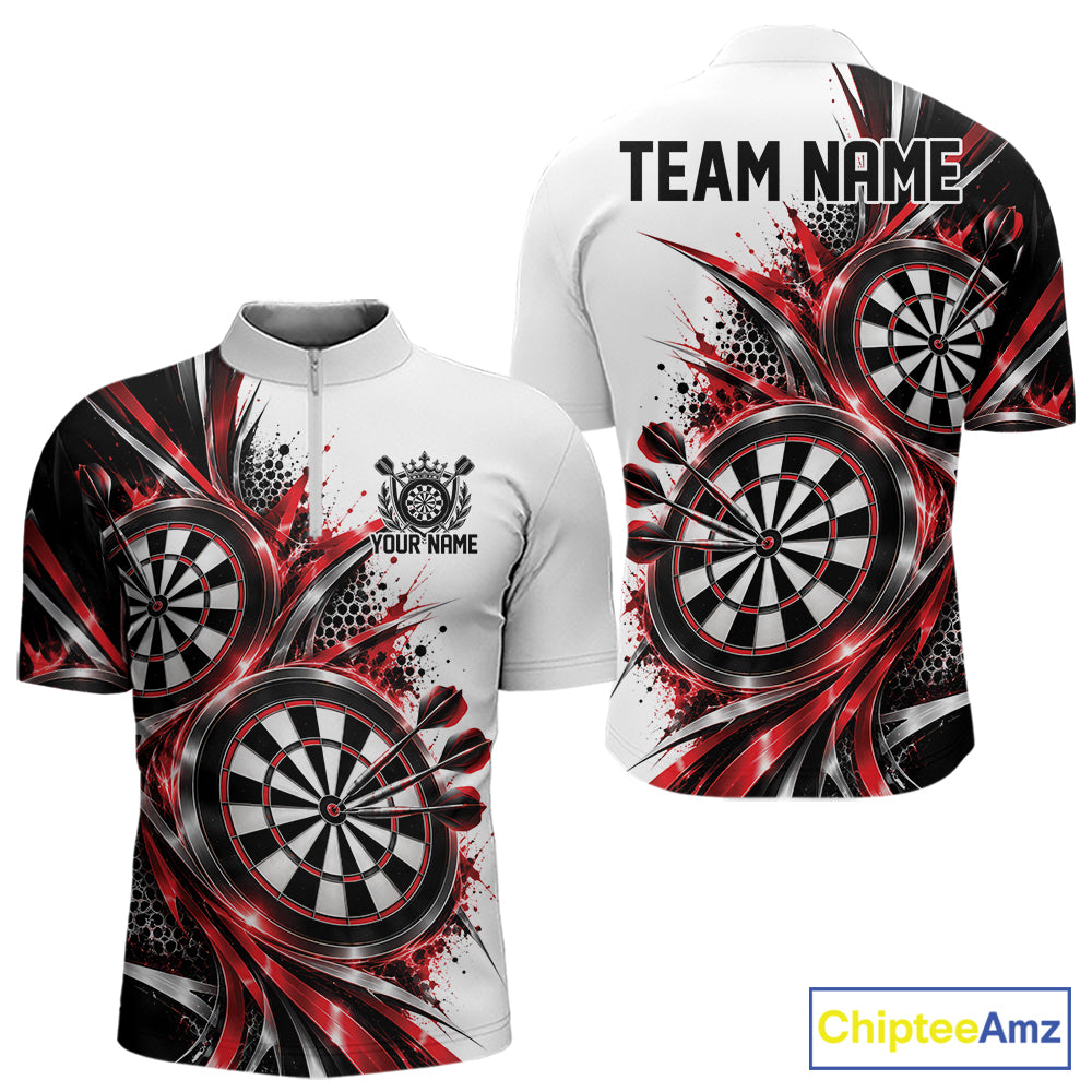 Custom Black And Red Dartboard Dart Team Quarter Zip Shirt For Men, Dart League Outfit IPHW12469