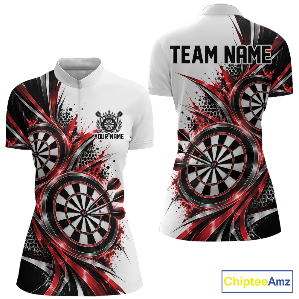 Custom Black And Red Dartboard Dart Team Quarter-Zip Shirt For Women, Dart League Outfit IPHW12469