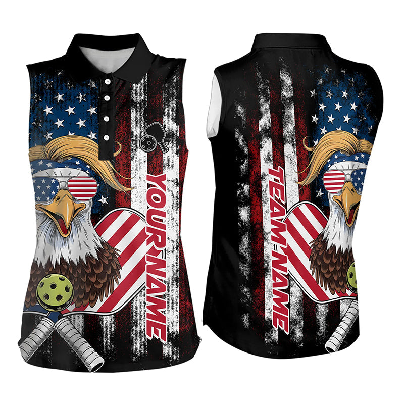 Custom Funny Eagle US Flag Patriotic Pickleball Women's Sleeveless Polo Shirts IPHW8101