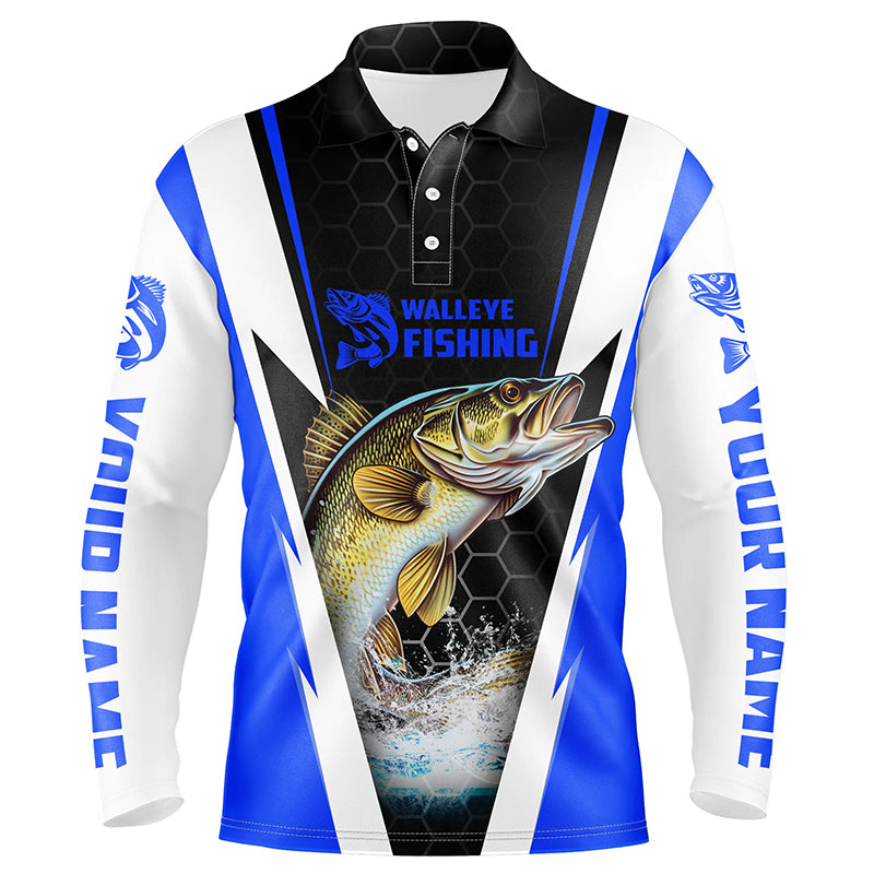 Personalized Walleye Fishing Long Sleeve Polo Shirts, Walleye Fishing Tournament Jerseys | Blue IPHW5716