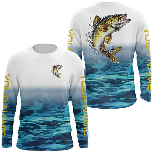 Custom Walleye Fishing Jerseys, Walleye Long Sleeve Performance Fishing Shirts | Blue IPHW5717