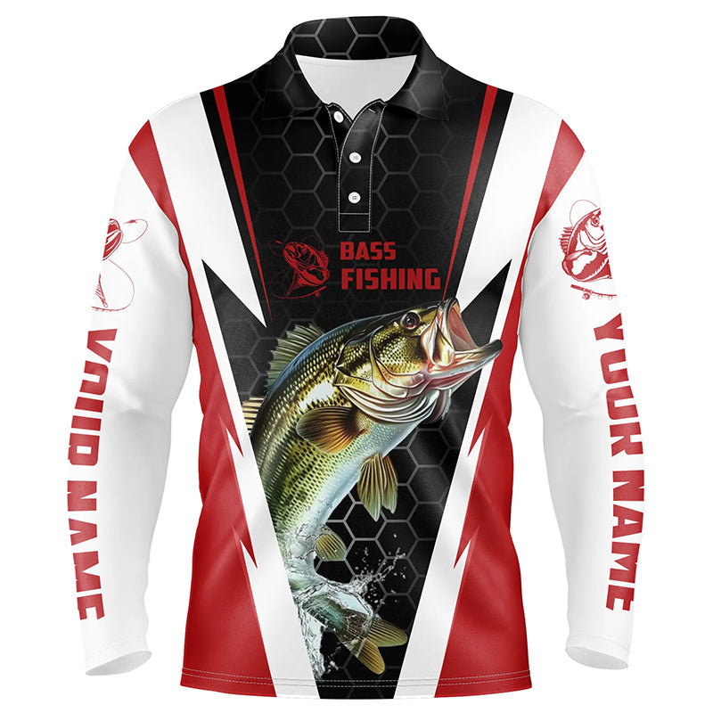 Custom Bass Fishing Jerseys, Bass Fishing Team Long Sleeve Polo Shirts | Red IPHW5725