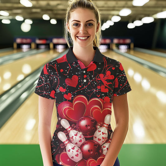 Black And Red Custom Valentines Day Bowling Polo Shirts For Women, Bowling Couple Shirt IPHW8327