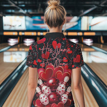 Load image into Gallery viewer, Black And Red Custom Valentines Day Bowling Polo Shirts For Women, Bowling Couple Shirt IPHW8327